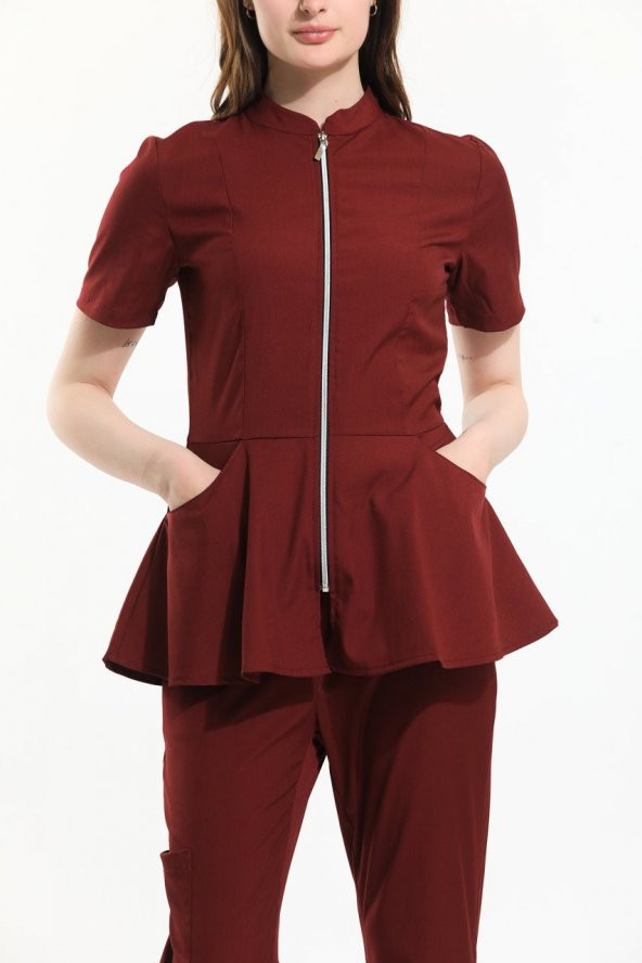 AZELIA Kadın Likralı Üniforma Takımı - Bordo - Resim 3