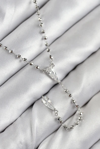 Pirinç Zirkon Taşlı Gümüş Renk Kadın Y Kolye - TJ-BKO10496 ürün görseli