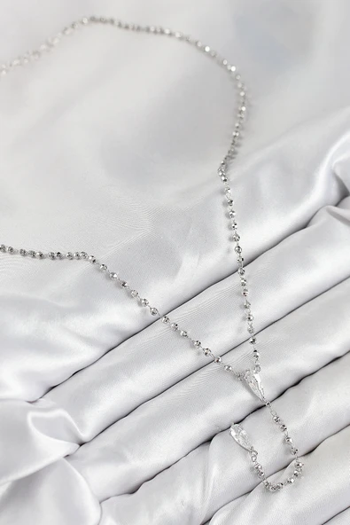 Pirinç Zirkon Taşlı Gümüş Renk Kadın Y Kolye - TJ-BKO10496 - Resim 2