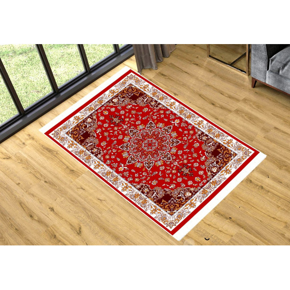 Turkish Muslim Prayer Rug Red & White 80x120cm 2'8''x3'11'' Bamboo Prayer Mat Soft Non-Slip Janamaz Kaaba Praying Mat ( With Tasbeeh Gift )