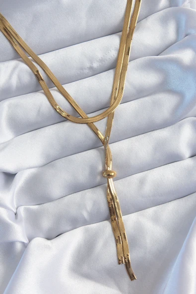 316L Çelik Gold Renk 2'li İtalyan Zincir Asansör Model Sallantı Detay Kadın Kolye - TJ-BKO8025 ürün görseli