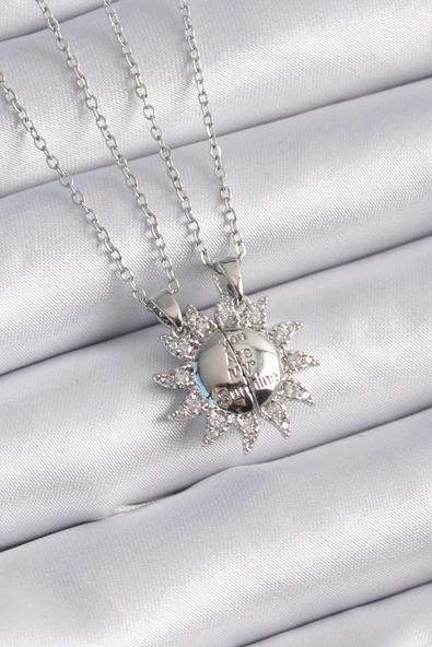 316L Çelik Gümüş Renk Zirkon Taşlı Güneş Model İşleme Yazı Detay Arkadaşlık Kolyesi - TJ-BKO9289 - Resim 2