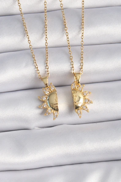 316L Çelik Gold Renk Zirkon Taşlı Güneş Model İşleme Yazı Detay Arkadaş Kolyesi - TJ-BKO9288 ürün görseli