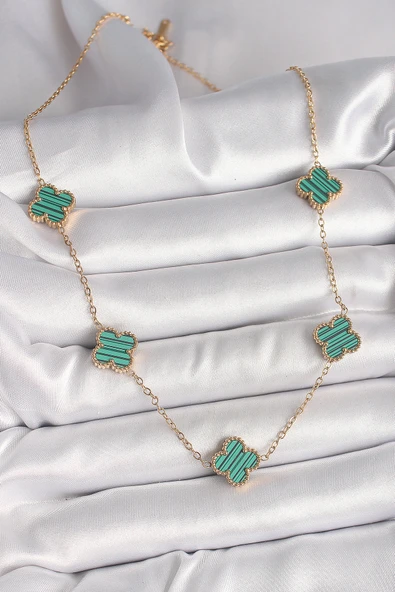 316L Çelik Gold Renk Zincir Yeşil Yonca Model Kadın Kolye - TJ-BKO9925 - Resim 2