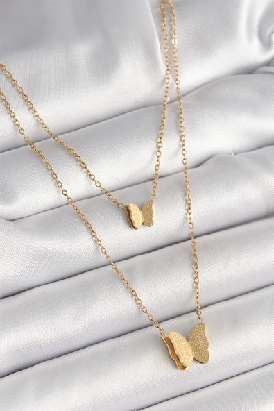 316L Çelik Gold Renk 2'Li Simli Kelebek Model Kadın Kolye - TJ-BKO9928 ürün görseli