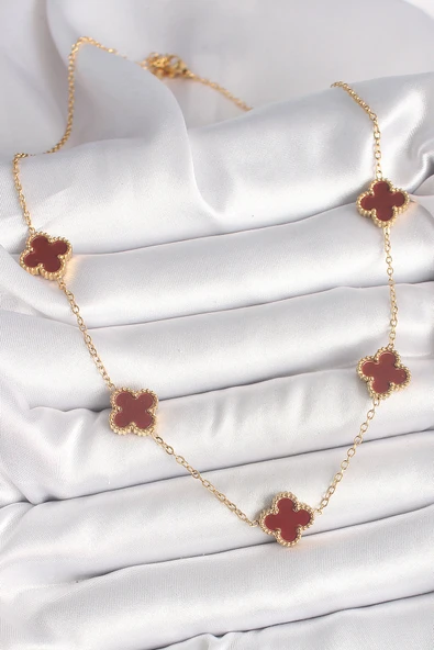 316L Çelik Gold Renk Zincir Bordo Yonca Model Kadın Kolye - TJ-BKO9926 - Resim 2