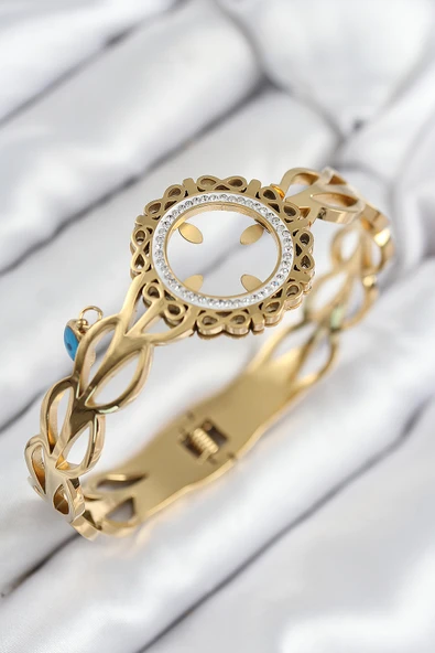 316L Çelik Zirkon Taşlı Çeyrek Takılabilir Gold Renk Kelepçe - TJ-BB7822 ürün görseli