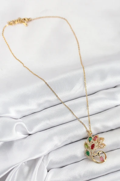316L Çelik Zirkon Taşlı Tavus Kuşu Model Gold Renk Kadın Kolye - TJ-BKO10514 - Resim 2
