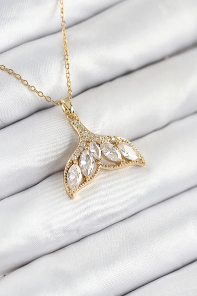 316L Çelik Zirkon Taşlı Balık Kuyruğu Model Gold Renk Kadın Kolye - TJ-BKO10511 ürün görseli
