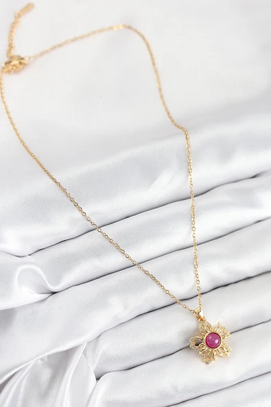 316L Çelik Zirkon Taşlı Döner Güneş Model Gold Renk Kadın Kolye - TJ-BKO10510 - Resim 2