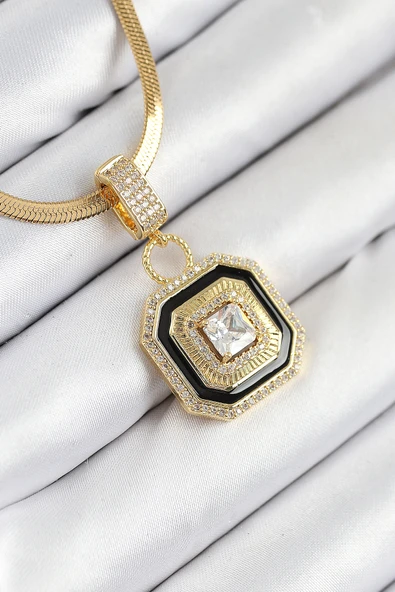 316L Çelik Zirkon Taşlı Siyah Detaylı Baget Model Gold Renk Kadın Kolye - TJ-BKO10529 ürün görseli