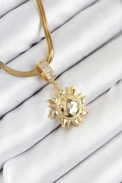 316L Çelik Zirkon Taşlı Güneş Model Gold Renk Kadın Kolye - TJ-BKO10535 ürün görseli
