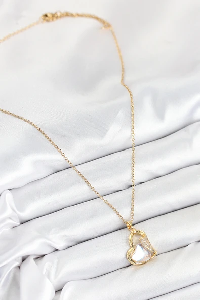 316L Çelik Zirkon Taşlı Kalp Model Gold Renk Kadın Kolye - TJ-BKO10523 - Resim 2