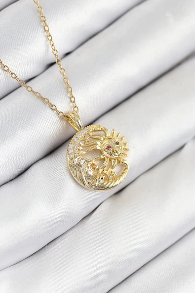 316L Çelik Zirkon Taşlı Ay Ve Güneş Model Gold Renk Kadın Kolye - TJ-BKO10538 ürün görseli