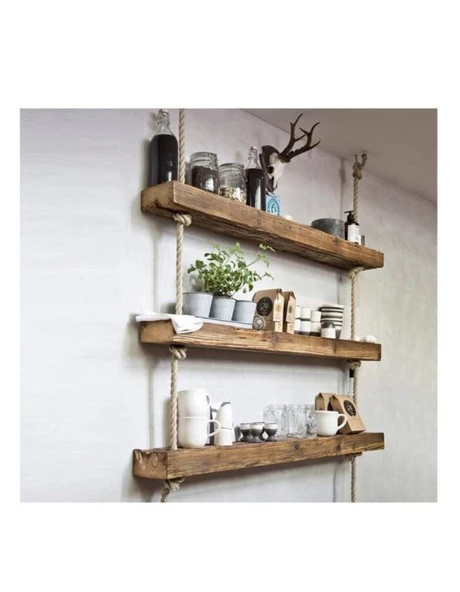 Halatlı Raf Ahşap Duvar Rafı 3 Lü Halatlı Duvar Rafı Kitaplık