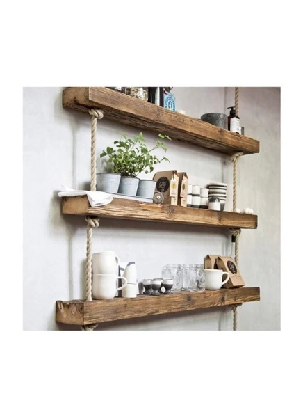 Halatlı Raf Ahşap Duvar Rafı 3 Lü Halatlı Duvar Rafı Kitaplık - 2