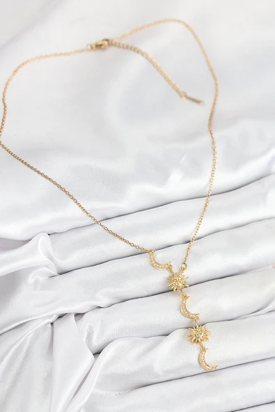 316L Çelik Zirkon Taşlı Güneş Ve Ay Model Gold Renk Kadın Kolye - TJ-BKO10548 - Resim 2