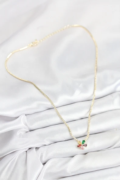 Pirinç Zirkon Taşlı Su Yolu Asorti Çiçek Model Gold Renk Kadın Kolye - TJ-BKO10546 - Resim 2