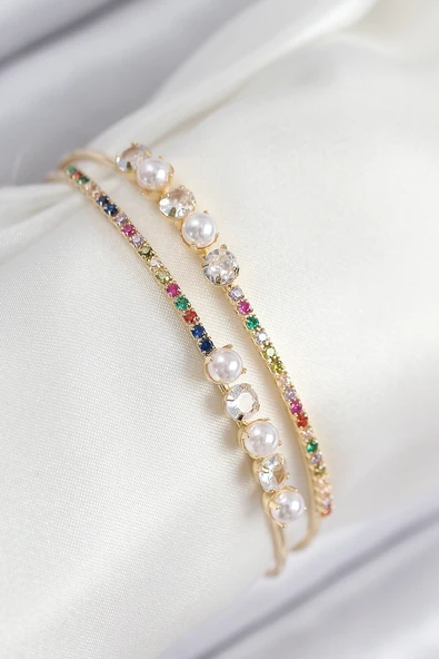 Pirinç Zirkon Taşlı İnci Model Gold Renk Kadın Bileklik - TJ-BB7875 ürün görseli