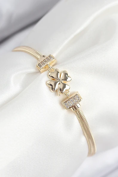 Pirinç Zirkon Taşlı Yonca Model Gold Renk Kadın Bileklik - TJ-BB7897 ürün görseli