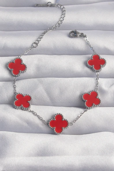 316L Çelik Gümüş Renk Kırmızı Mineli Yonca Bileklik - TJ-BB6263 ürün görseli