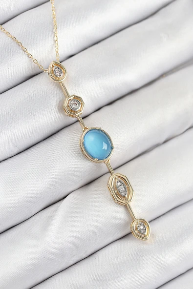 Pirinç Zincir Mavi Gold Renk Zirkon Taşlı Y Kolye - TJ-BKO10558 ürün görseli