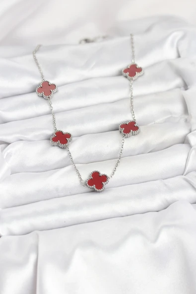 316L Çelik Zincir Gümüş Renk Bordo Renk Yonca Kadın Kolye - TJ-BKO10569 - Resim 2