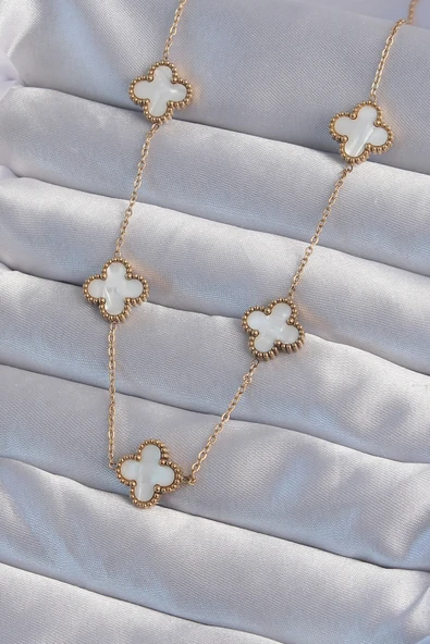 316L Çelik Gold Renk Beyaz Sedefli Yonca Kolye - TJ-BKO8996 ürün görseli