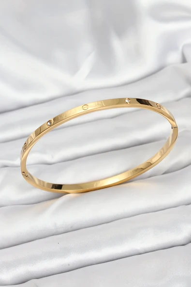 316L Çelik Gold Renk Zirkon Taşlı 65 mm İnce Kadın Kelepçe Bileklik - TJ-BB7914 ürün görseli
