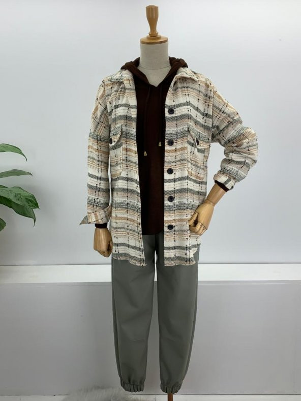 Kadın Krem Desenli Cepli Salaş Tüvit Gömlek - 2