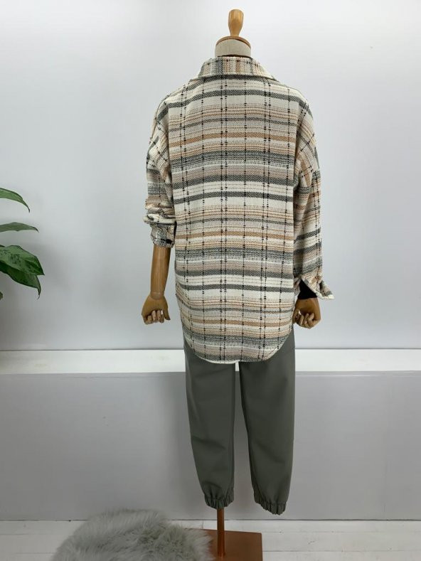 Kadın Krem Desenli Cepli Salaş Tüvit Gömlek - 3