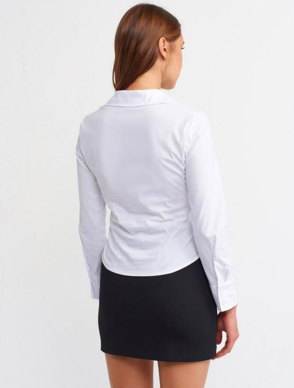 Kadın Beyaz Büzgülü Fit Gömlek - 4