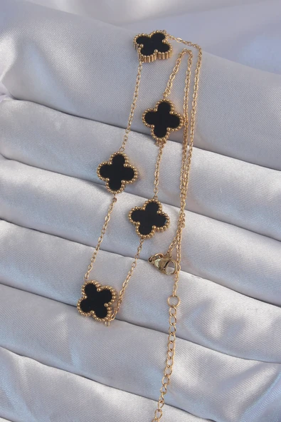 316L Çelik Gold Renk Siyah Mineli Yonca Kolye - TJ-BKO8998 - Resim 2