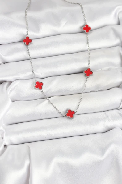 316L Çelik Zincir Gümüş Renk Kırmızı Baby Boy Yonca Kadın Kolye - TJ-BKO10581 - Resim 2