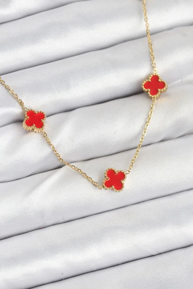 316L Çelik Zincir Gold Renk Kırmızı Baby Boy Yonca Kadın Kolye - TJ-BKO10580 ürün görseli