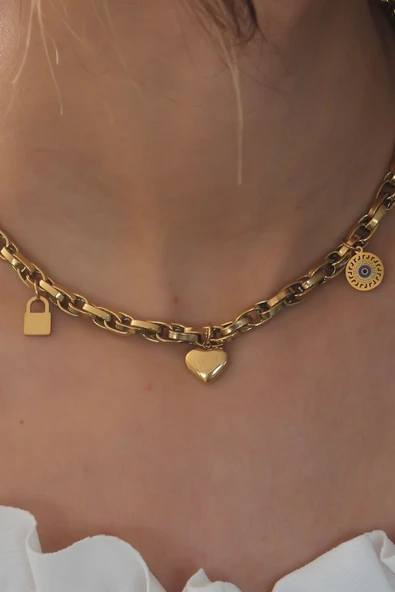 Çelik Gold Renk Kalın Zincir Model Kalp Figür Kadın Kolye - TJ-BKO6898 - Resim 2