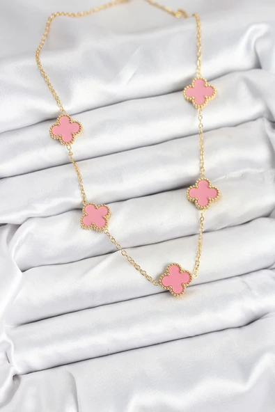316L Çelik Zincir Gold Pembe Renk Yonca Kadın Kolye - TJ-BKO10583 - Resim 2