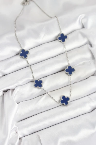 316L Çelik Zincir Gümüş Lacivert Renk Yonca Kadın Kolye - TJ-BKO10587 - Resim 2