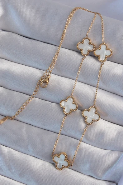 316L Çelik Gold Renk Beyaz Sedefli Yonca Kolye - TJ-BKO8996 - Resim 2