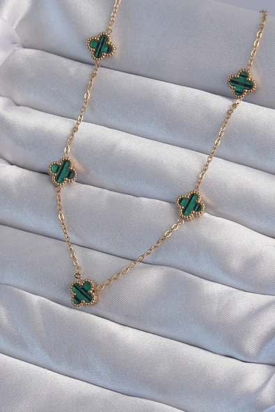 316L Çelik Gold Renk Minimal Yeşil Mineli Yonca Kolye - TJ-BKO9000 ürün görseli