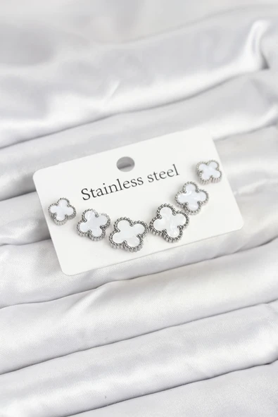 316L Çelik Gümüş Beyaz Renk 3 Boy Yonca Küpe Seti - TJ-BKP11236 ürün görseli