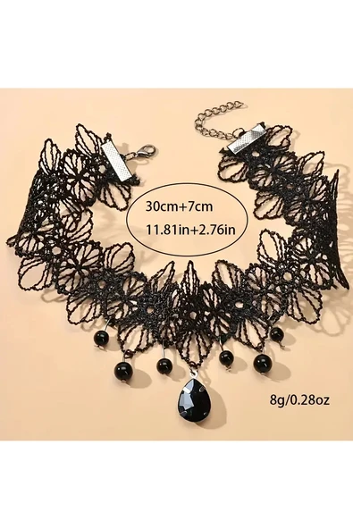 Monalisa Home Kadınlar İçin Phenovo Siyah Dantelli Gerdanlık Kolye - Resim 3
