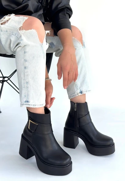 Lonji Siyah Cilt Topuklu Bot - Resim 2