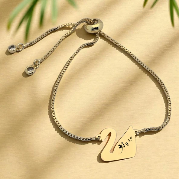 14 Ayar Altın Plakalı İsme Özel Kuğu Kuşu Motifli Altın Renkli Zincirli Hediye Bileklik-599 ürün görseli