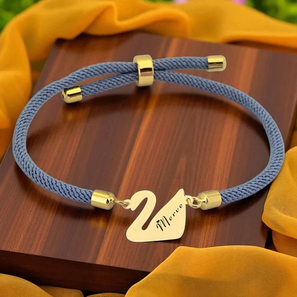 14 Ayar Altın Plakalı İsme Özel Kuğu Kuşu Motifli Mavi İpek Örgülü Hediye Bileklik-603 ürün görseli