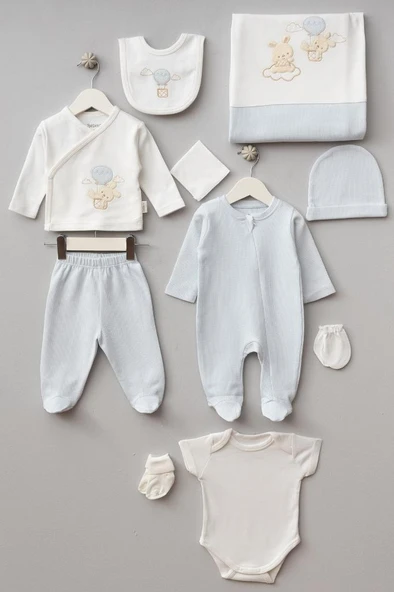 Bebitof %100 Pamuk Balonlu Tavşan Desenli 10 Parça Kutulu Yenidoğan Hastane Çıkışı Zıbın Seti BBTF.MV.10110 ürün görseli