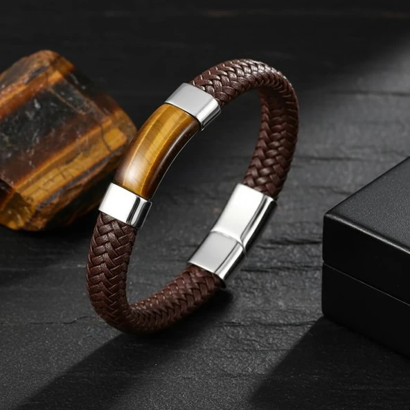 Kaplan Gözü Taşlı Kahverengi Deri Erkek Çelik Bileklik 31834B6D2 - Resim 4