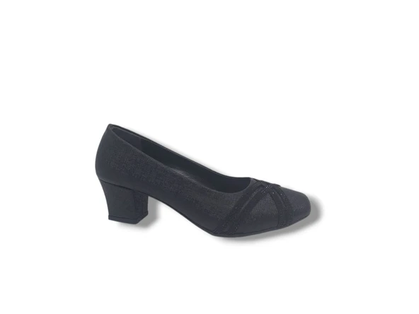 Zerhan 1002 Kadın Siyah Pırıltılı Taşlı Alçak Topuklu Ayakkabı - Resim 4