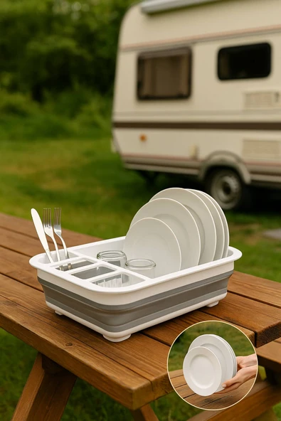 Katlanabilir Gri-Beyaz Bulaşıklık, Drenaj Delikli, Kaşıklıklı, Geniş Kapasiteli, Kamp ve Mutfak Kullanımı İçin Uygun - 3