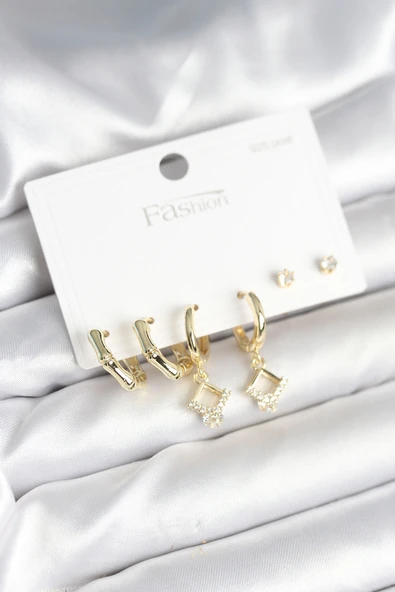 Pirinç Gold Renk 925 Ayar Gümüş Çivili Kadın Küpe Seti - TJ-BKP11260 ürün görseli